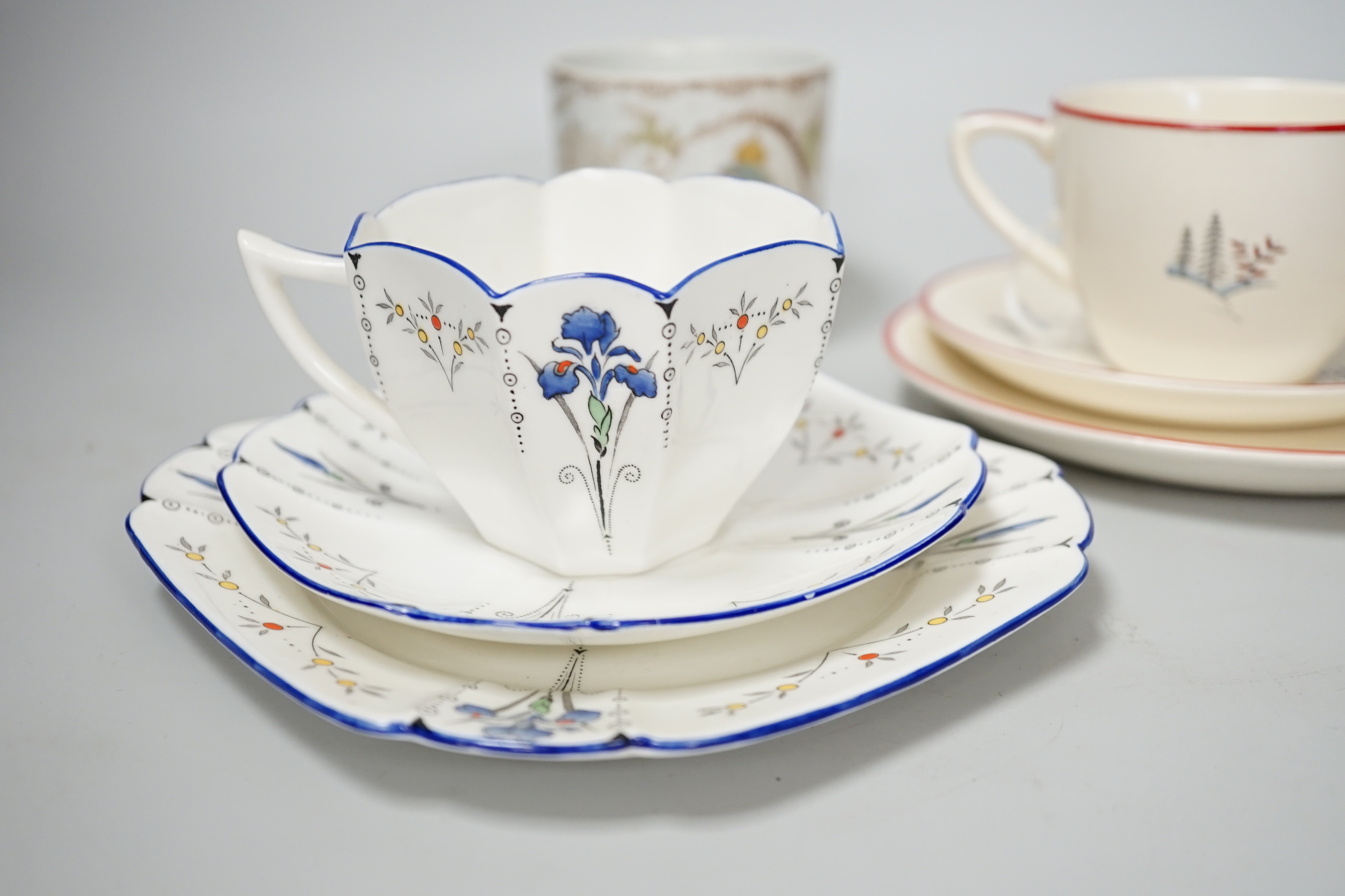 A Shelley Art Deco Blue Iris Queen Anne shape teaset and a Crown Devon cup, saucer, side plate and jug